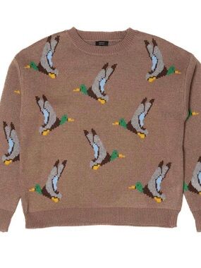 Tan Duck-Pattern Crewneck Sweater